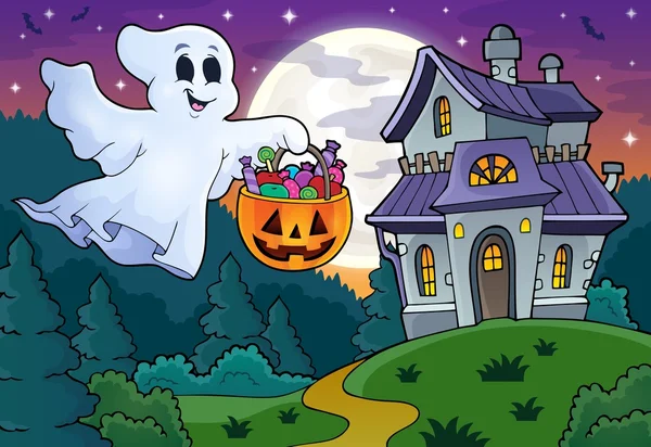 Halloween fantasma perto de casa assombrada 1 — Vetor de Stock