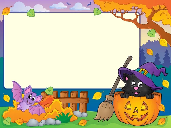 Podzimní rámeček s motivem Halloween kočka 1 — Stockový vektor