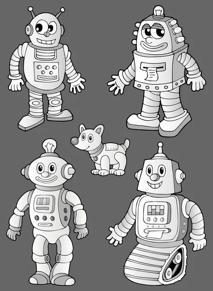 Robots blancos y negros en gris — Vector de stock