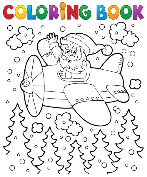 Libro para colorear Santa Claus en avión — Vector de stock