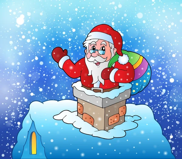 Santa Claus on snowy roof — Stock Vector