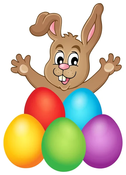 Giovane coniglietto con uova di Pasqua tema 1 — Vettoriale Stock