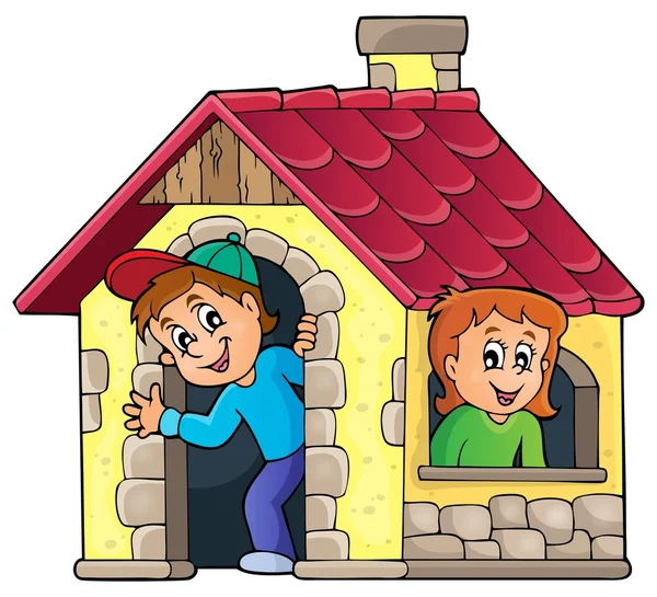 Παιδιά που παίζουν στο μικρό σπίτι θέμα 1 — Διανυσματικό Αρχείο
