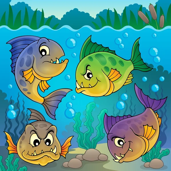 Cuatro peces piraña bajo el agua — Vector de stock