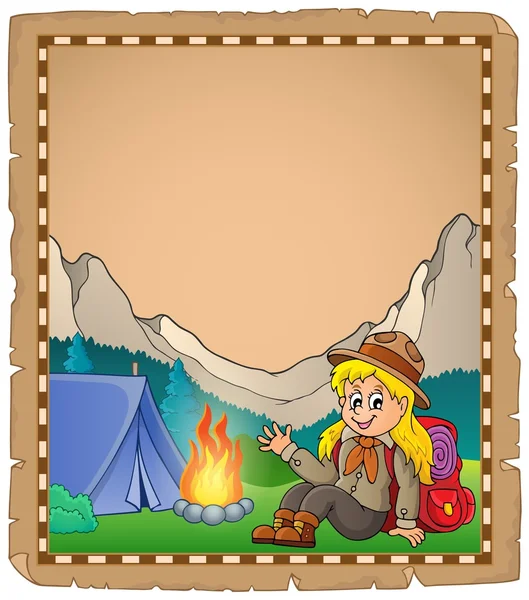 Pergaminho com scout girl na montanha —  Vetores de Stock