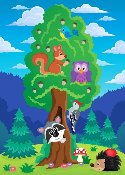 Árbol con varios animales tema 2 — Vector de stock