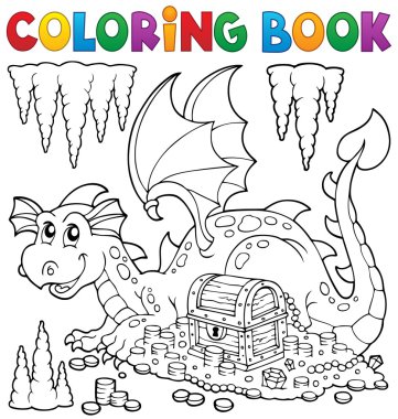 Coloring book with dragon and treasure clipart