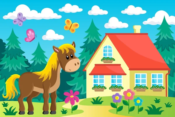 Caballo en jardín cerca de casa — Vector de stock