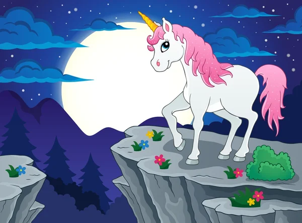 Paysage nocturne avec licorne — Image vectorielle