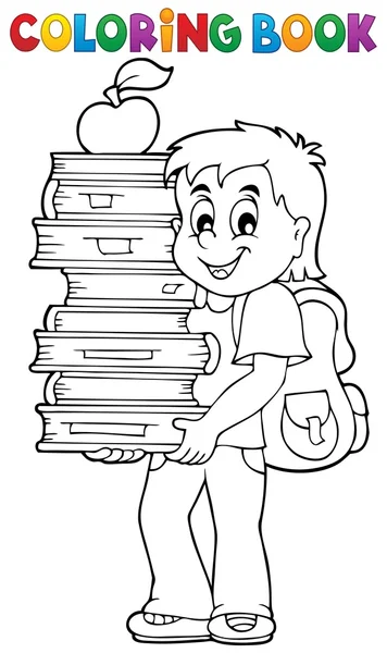 Livro de colorir com menino segurando livros — Vetor de Stock
