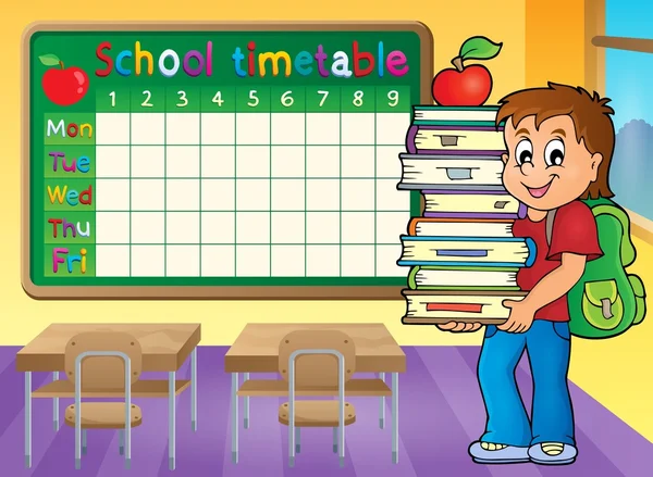 Skolan tidsplan med pojke håller böcker — Stock vektor