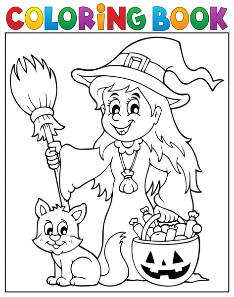 Livre à colorier mignon sorcière et chat — Image vectorielle