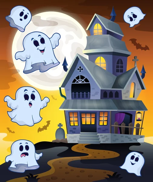 Ghosts flying around haunted house — Stock Vector