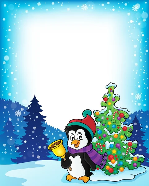 ペンギンとクリスマス ツリーのフレーム — ストックベクタ