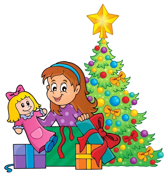 Meisje uitpakken Kerstmis geschenken thema 1 — Stockvector