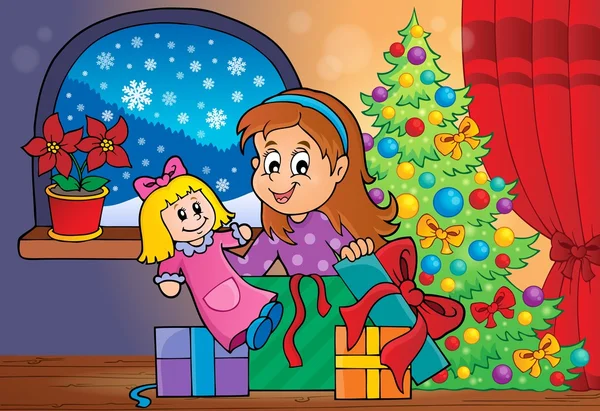 Fille déballer cadeaux de Noël thème 2 — Image vectorielle