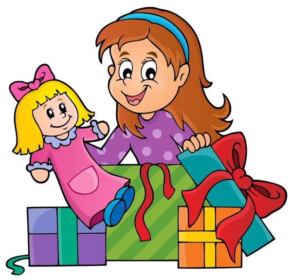 Girl with doll and gifts theme 1 — Stock Vector