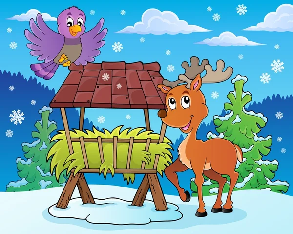 Estante de heno con reno y pájaro — Vector de stock