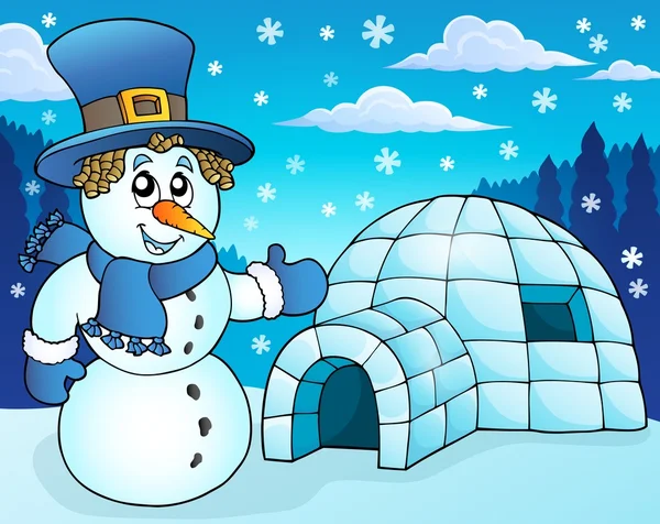 Igloo avec bonhomme de neige thème 3 — Image vectorielle