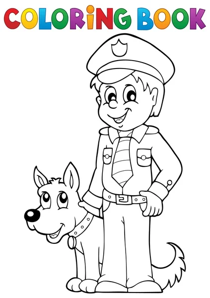 Coloring book policeman with guard dog — Stock Vector