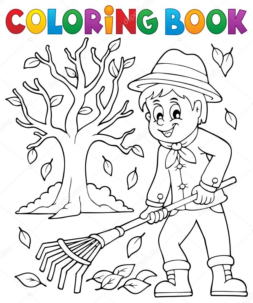 Disegni da colorare libro giardiniere e albero illustrazione di vettore eps10 — Vettoriali di clairev