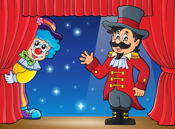 Scène avec ringmaster et clown rôdant — Image vectorielle