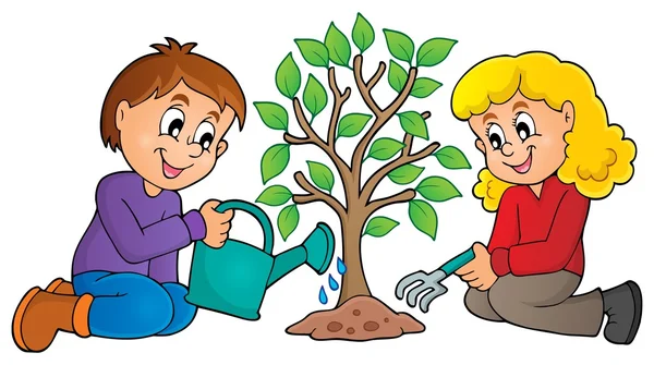 Niños plantando árbol tema imagen 1 — Archivo Imágenes Vectoriales