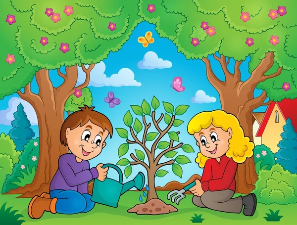 Kinderen planten tree thema beeld 2 — Stockvector