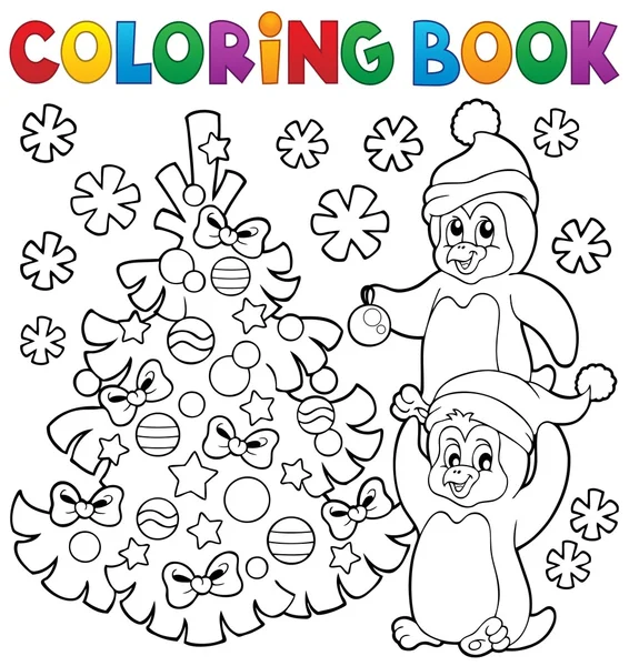 Coloring book penguins by Christmas tree — Stock Vector