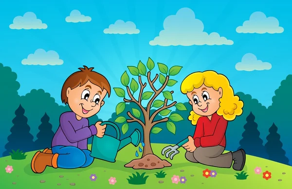 Niños plantando árbol tema imagen 3 — Archivo Imágenes Vectoriales