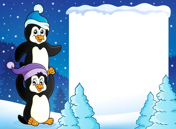 Χιονισμένο πλαίσιο με πιγκουΐνους — Διανυσματικό Αρχείο