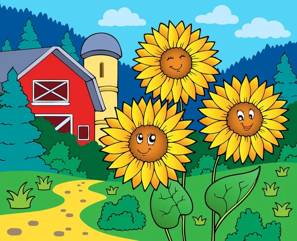 Girasoles cerca de granja — Vector de stock