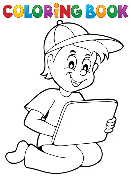 Colorir menino livro brincando com tablet —  Vetores de Stock