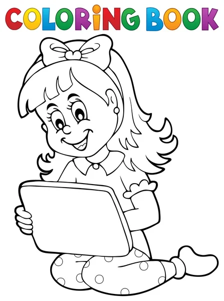 Coloriage livre fille jouer avec tablette — Image vectorielle