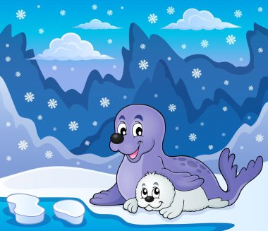 Happy seal with pup theme 3 clipart