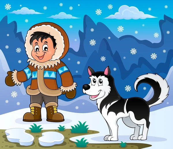 Inuit boy with Husky dog — Stock Vector