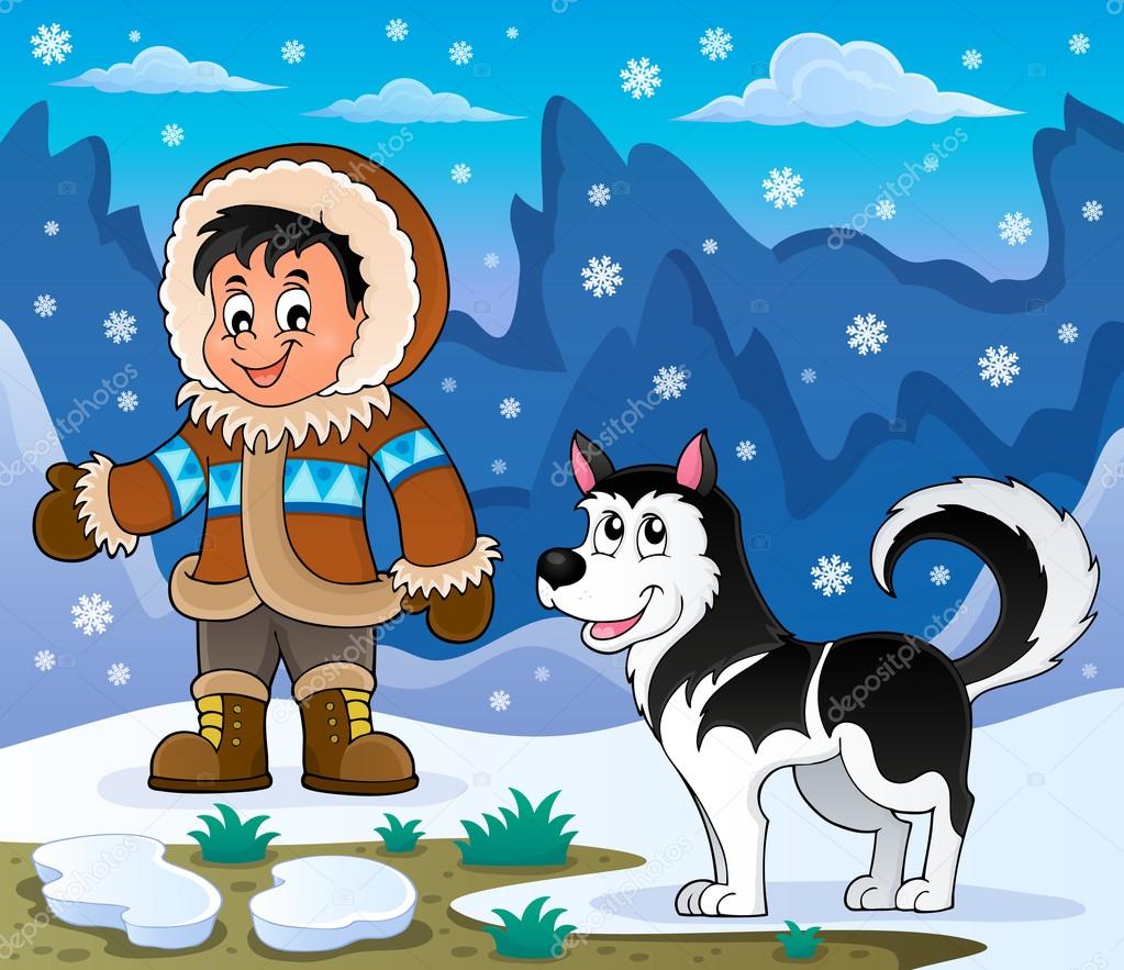 Ragazzo di Inuit con il cane Husky illustrazione di vettore eps10 — Vettoriali di clairev Trova immagini simili