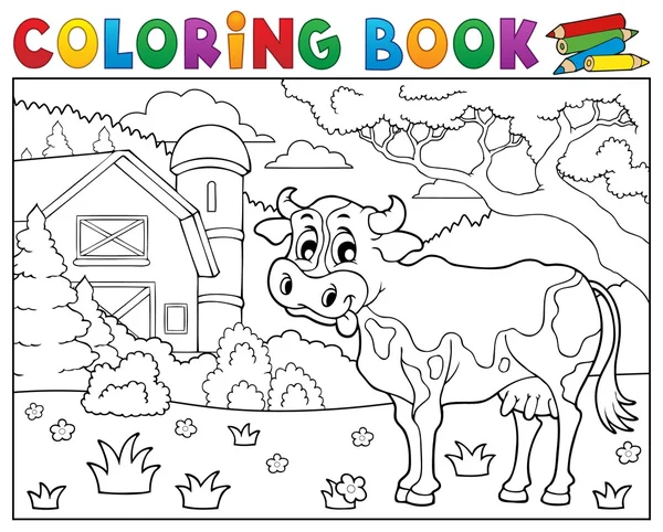 Coloring book cow near farm theme 2 — Stock Vector