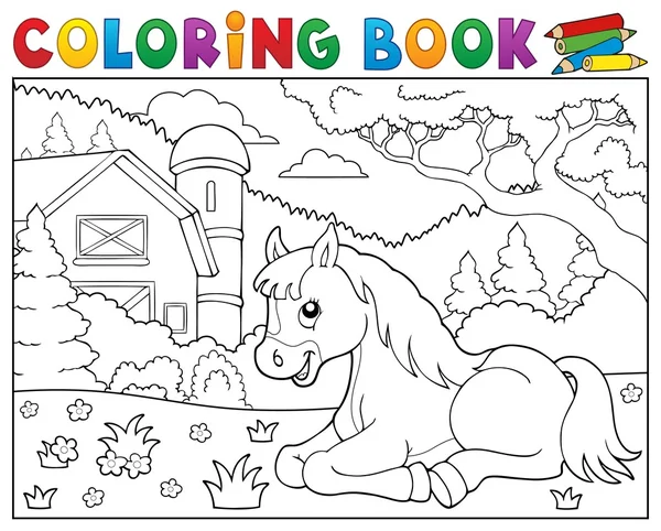 Coloring book horse near farm theme 2 — Stock Vector