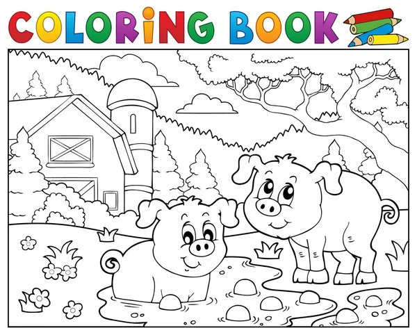 Libro da colorare due maiali vicino alla fattoria — Vettoriale Stock