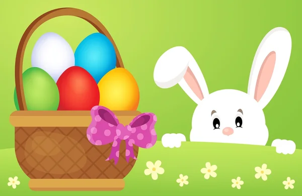 Acechando conejito de Pascua por cesta con huevos — Vector de stock