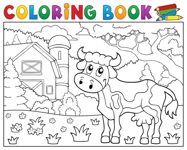 Coloring book cow near farm theme 1 — Stock Vector