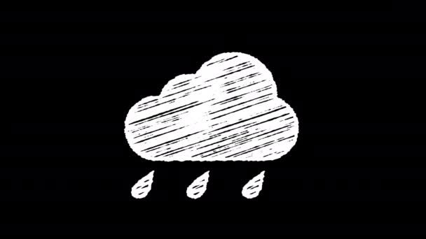 Tiempo icono lluvia, nube azul con gotas pintadas con tiza aislada sobre fondo blanco, animación dibujada a mano 4K — Vídeos de Stock