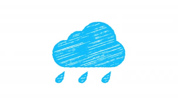 Tiempo icono lluvia, nube azul con gotas pintadas con tiza aislada sobre fondo blanco, animación dibujada a mano 4K — Vídeos de Stock