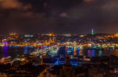 Geceleri Galata kulesinden Boğaziçi'nin havadan görünümü.