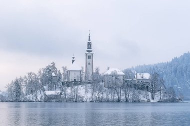Kışın akan göl, Slovenya 'da kar ve sisli Bled Adası manzarası.