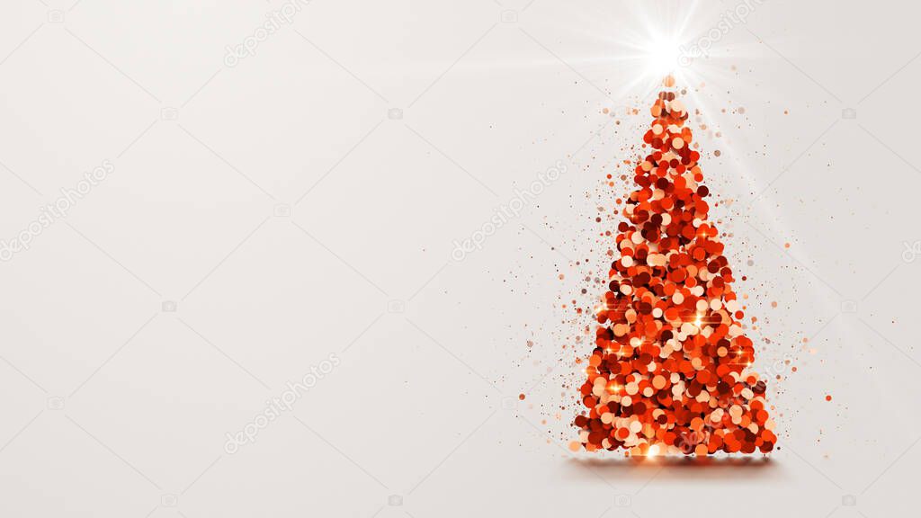 Happy New Year! Merry Christmas holiday greeting card. Glowing Christmas tree from particulars with shining star on dark light background