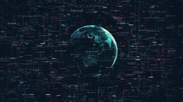 Глобальное цифровое слово, земной шар в космосе как символ глобального развития информационных технологий — стоковое видео