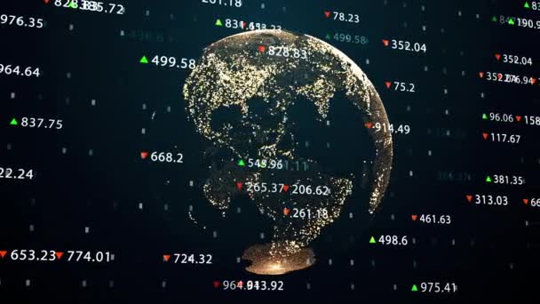Økonomiske tall og diagrammer med jordklode på bakgrunn – stockvideo