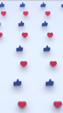 İzometrik manzaralı ve kusursuz hareket eden el ve kalp şekillerinin 3 boyutlu animasyonu. Bilgisayar tarafından üretilen döngü animasyonu. Sosyal ağ şablonu, 4K kusursuz simge arkaplanı gibi canlandırılmış